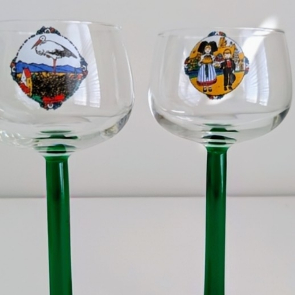 LUMINARC Vintage French Alsace Wine Green Stem Glass Pair Set 2 Made in France